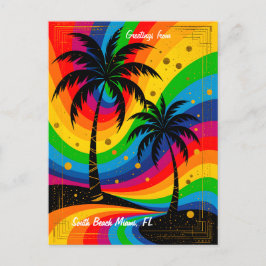 [South Beach Vibes] Colorful Retro Palm Trees Vykort