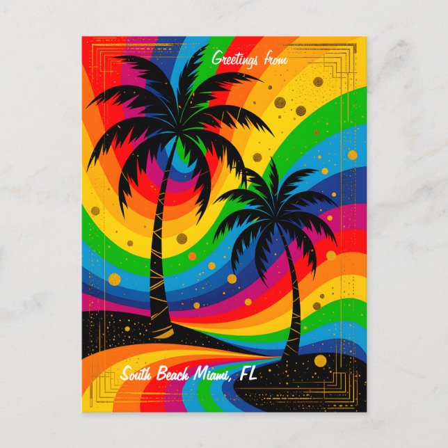 [South Beach Vibes] Färgglada Retro Palmträd Vykort (Framsida)