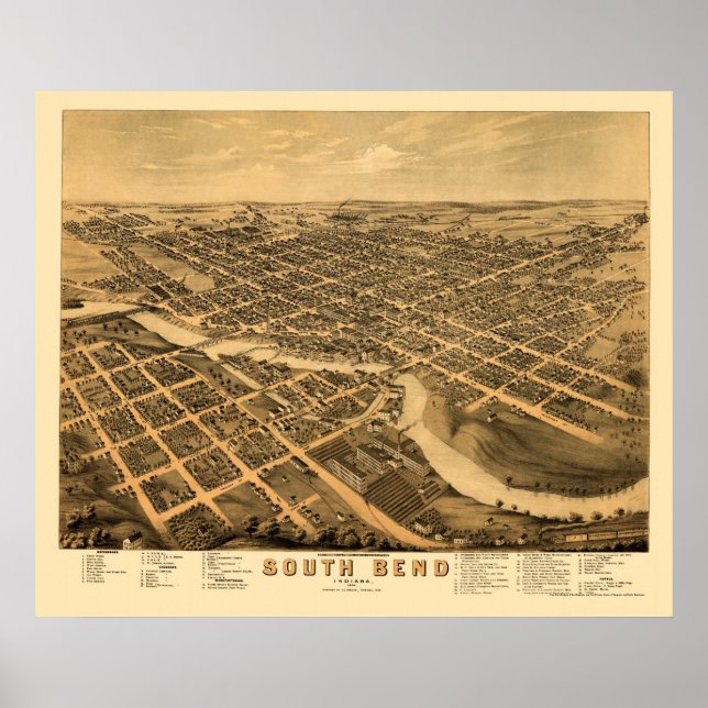 South Bend, IN Panoramic Karta - 1874 Poster (Framsidan)