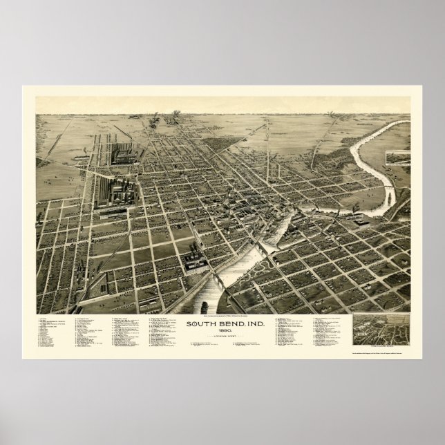 South Bend, IN Panoramic Karta - 1890 Poster (Framsidan)