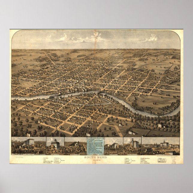 South Bend Indiana 1866 Antique Panoramic Karta Poster (Framsidan)