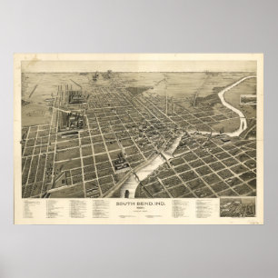 South Bend Indiana 1890 antika panorama- karta Poster