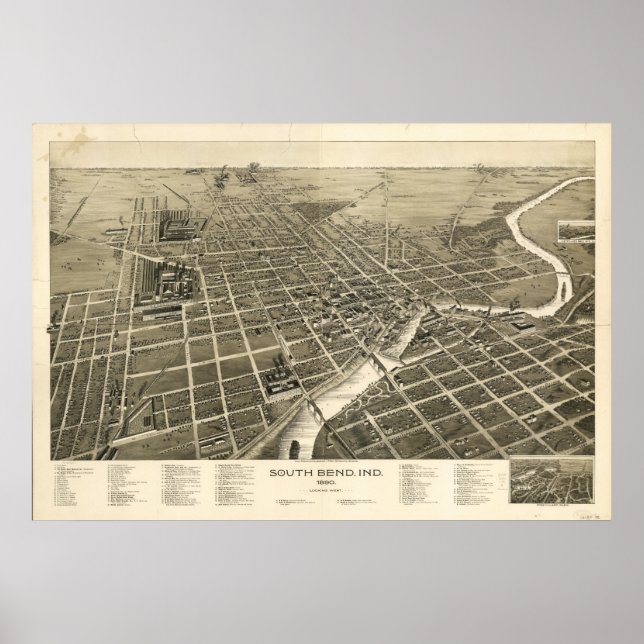 South Bend Indiana 1890 Antique Panoramic Karta Poster (Framsidan)
