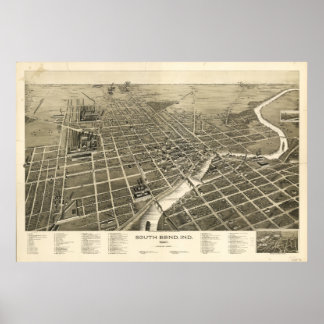 South Bend Indiana 1890 Antique Panoramic Karta Poster