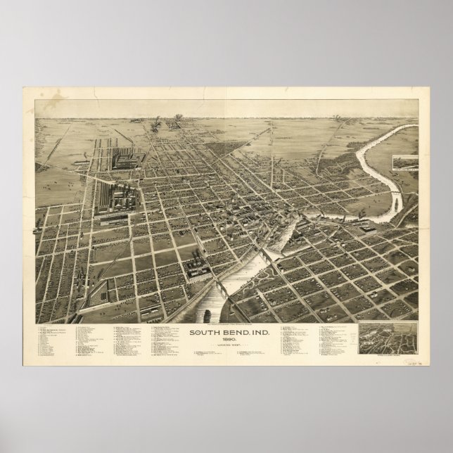South Bend Indiana 1890 Antique Panoramic Karta Poster (Framsidan)