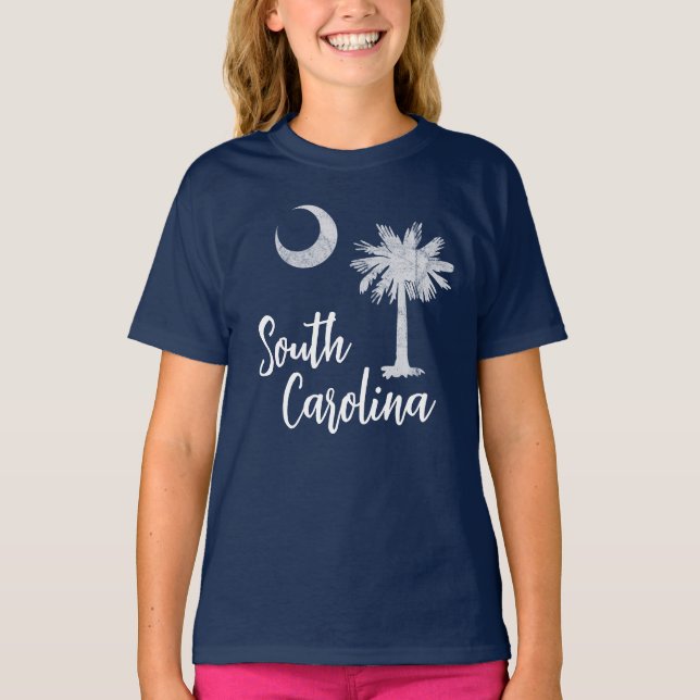 South Carolina Flagga med Palmetto Träd Blue T Shirt (Framsida)