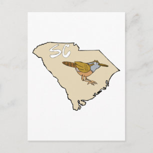 South Carolina Karta & Carolina Wren Tecknad Art Vykort
