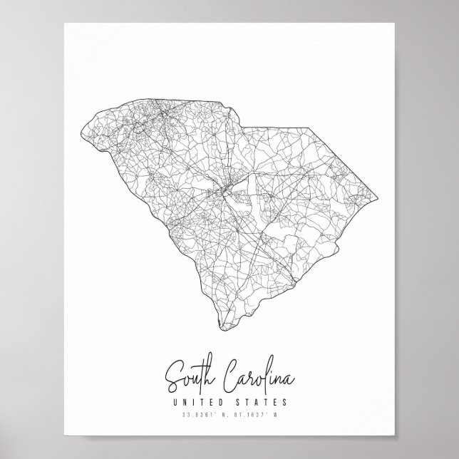 South Carolina Minimal Street Karta Poster (Framsidan)