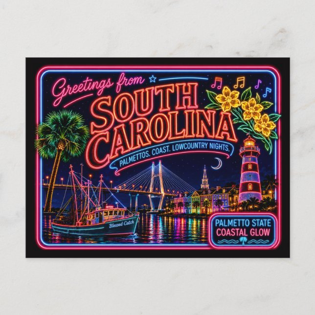 South Carolina Neon State Retro Vintage Vykort (Framsida)