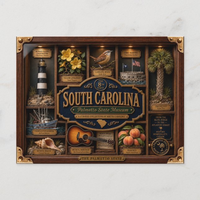 South Carolina Shadow Box 3D Figurin Delstat Vykort (Framsida)