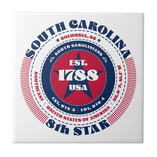 South Carolina Souvenir Röd Vit Blå Kakelplatta (Framsidan)