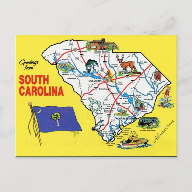 South Carolina State Karta vycard Vykort (Framsida)
