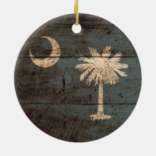South Carolina statlig flagga på gammalt Wood kor Julgransprydnad Keramik