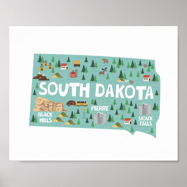 South Dakota Icon Landmarks Karta Poster (Framsidan)