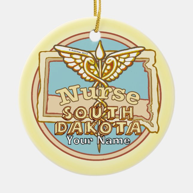 South Dakota Nurse Caduceus  Julgransprydnad Keramik (Framsidan)