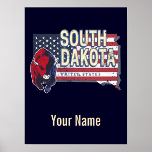 South Dakota United Stater Retro State Karta Vinta Poster
