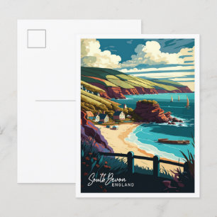 South Devon England Travel Vintage Illustration Vykort