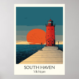 South Haven Michigan Vintage Lighthouse Sunset Art Poster