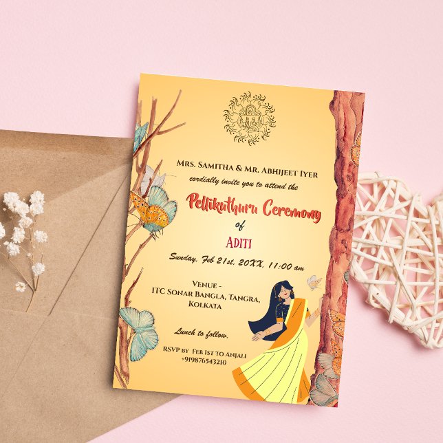 South Indian Hindu Bride Pellikuthuru Ceremony Inbjudningar (Skapare uppladdad)