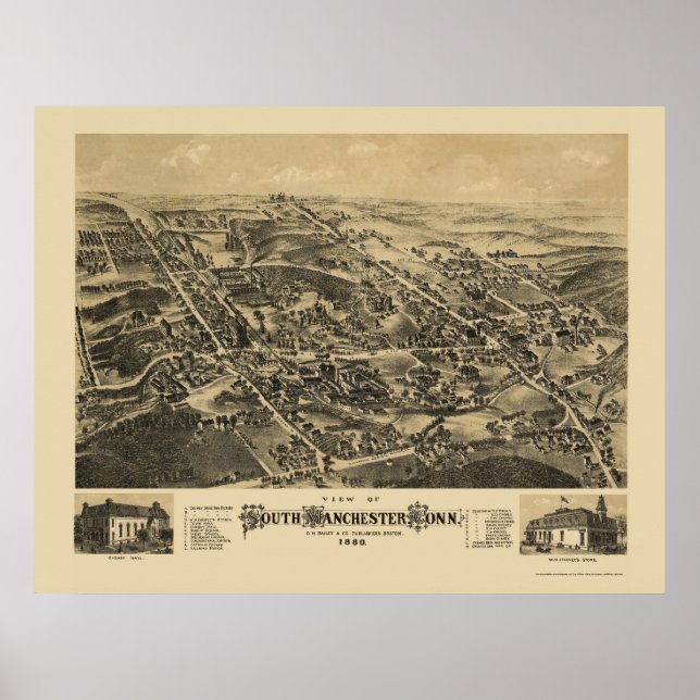 South Manchester, CT Panoramic Karta - 1880 Poster (Framsidan)