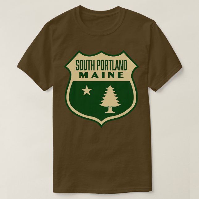 South Portland Maine Retro Gräs Träd Shield Tan T Shirt (Design framsida)