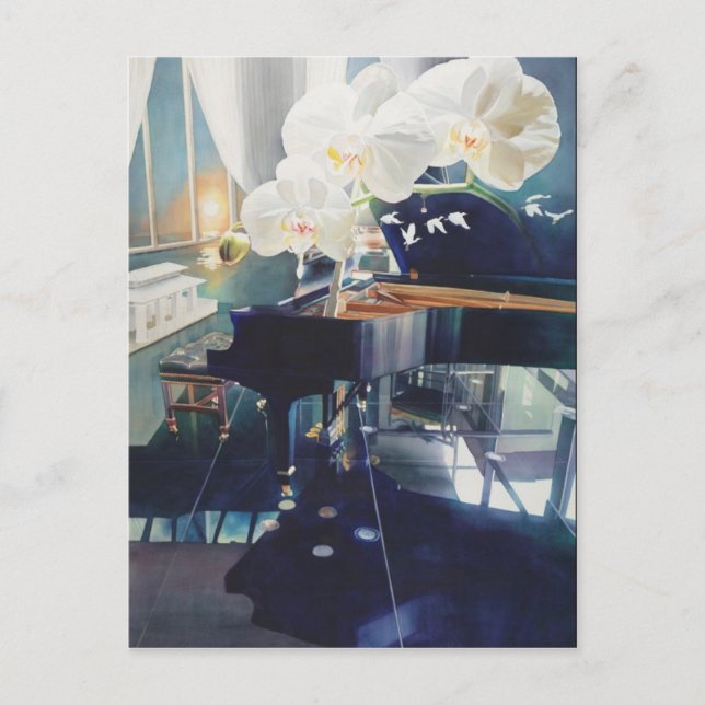 "Southern Exposure" Piano & Flowers Watercolor Vykort (Framsida)