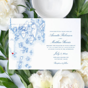 Southport Boothbay Harbour Maine Navy Karta Bröllo Inbjudningar