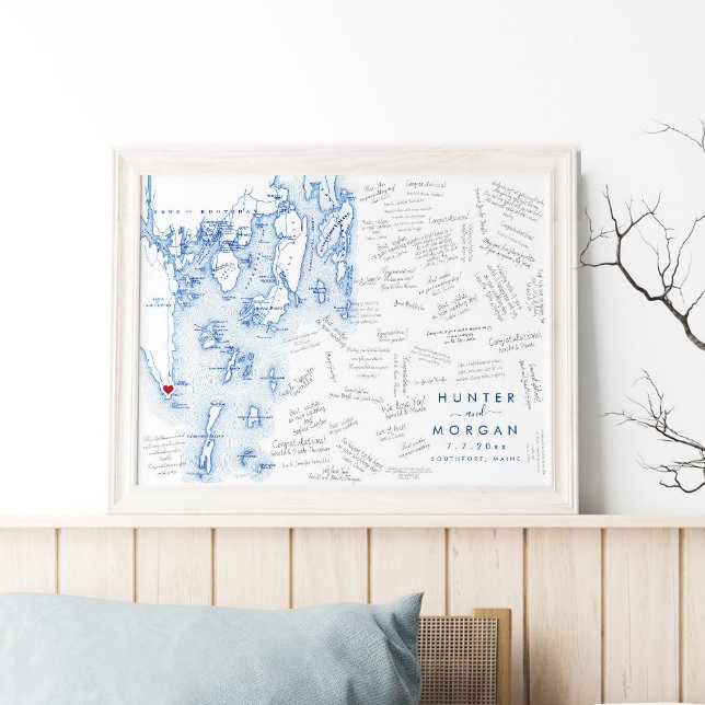 Southport Maine Bröllop Modern Guest Bok Poster (This Southport Maine map guest book poster is perfect for your destination wedding in Boothbay ME)