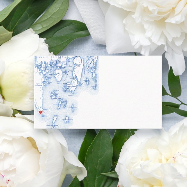 Southport Maine Karta Blue Bröllop Flat Escort Placeringskort (Southport Maine Map flat wedding escort card for an elegant Newagen Seaside Inn wedding)