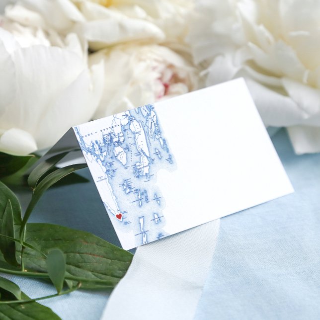 Southport Maine Karta Blue Folded Bröllop Placeringskort (Southport Maine Map Elegant blank wedding place card for an elegant Newagen Seaside Inn wedding)