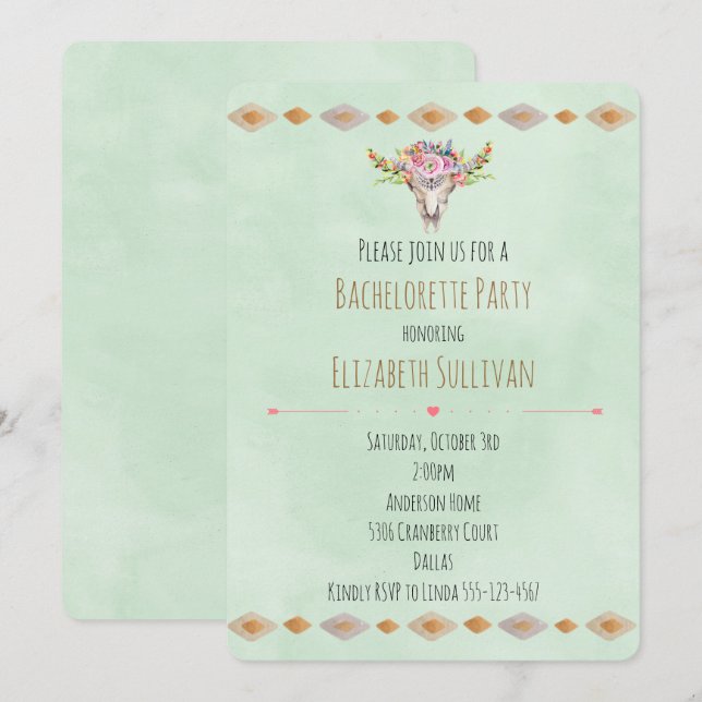 Southwest Blommigt Cow Skull Bachelorette Party Inbjudningar (Fram/baksida)