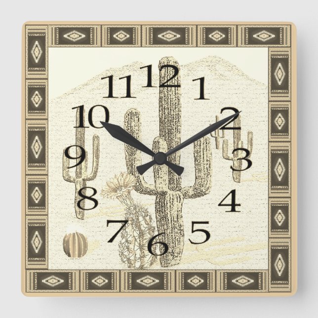 Southwest Cactus Clock Fyrkantig Klocka (Framsida)