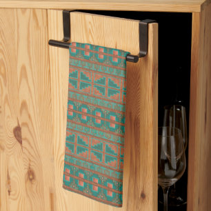 Southwest Copper Teal Geometric Mönster Kökshandduk