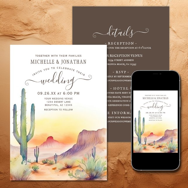 Southwest Desert Cactus All i One Bröllop Inbjudningar (Printed and Digital - Southwestern Desert Cactus All in One Wedding Invitation)