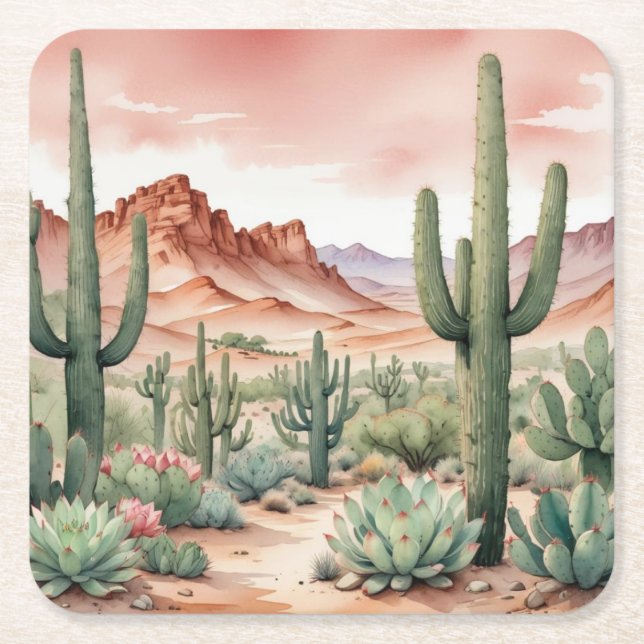 Southwest Desert Cactus Scene  Underlägg Papper Kvadrat (Framsidan)