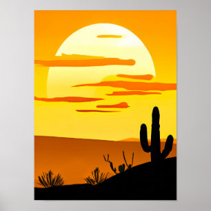 Southwest Desert Sunset with Cactus Poster