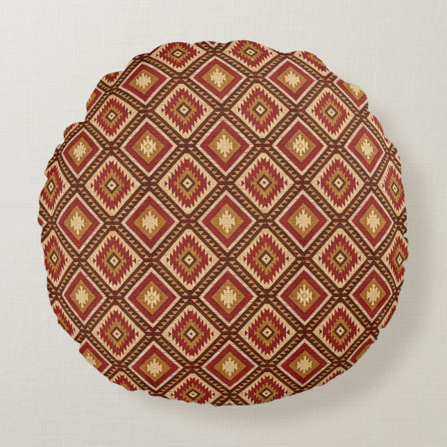 Southwest Diamond Rust Red & Beige Navajo Style Rund Kudde (Framsidan)