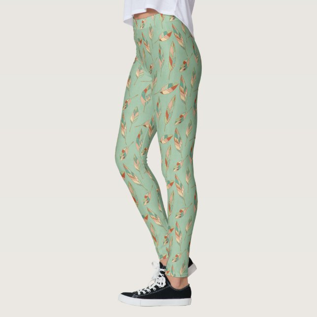 Southwest Geo kliver | det gröna fjädermönster Leggings (Vänster)