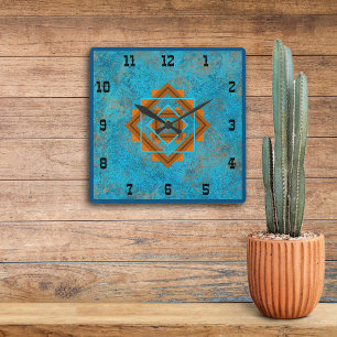 Southwest Mountain Peaks Turquoise Western Style S Fyrkantig Klocka