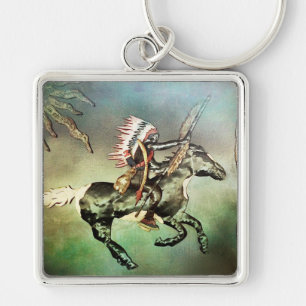 Southwest Native American Tribal Indian Horse Fyrkantig Silverfärgad Nyckelring