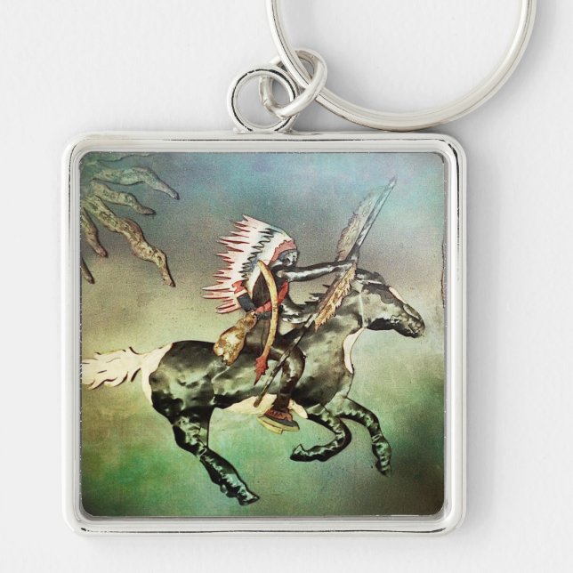 Southwest Native American Tribal Indian Horse Fyrkantig Silverfärgad Nyckelring (Framsidan)
