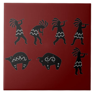Southwest Petroglyh Mörk Red Kokepli Ceramic Tile Kakelplatta