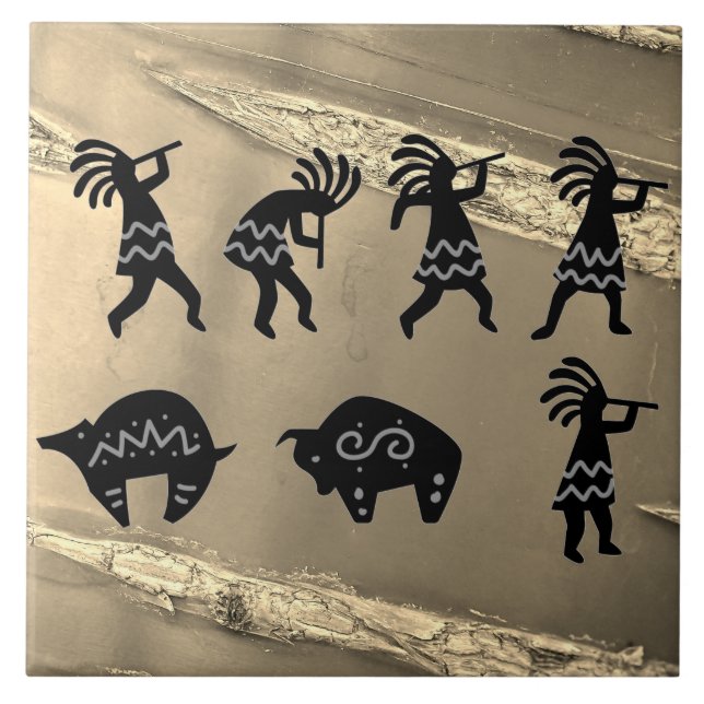 Southwest Petroglyh Sepia Kokopelli Kakelplatta (Framsidan)