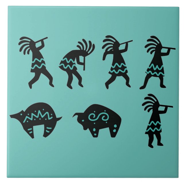 Southwest Petroglyh Turquise Kokopelli Kakelplatta (Framsidan)