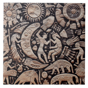 Southwest Petroglyph Design Animals Måne Dancing Kakelplatta