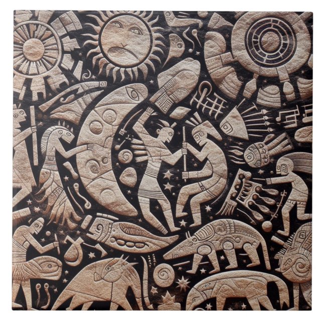 Southwest Petroglyph Design Animals Måne Dancing Kakelplatta (Framsidan)