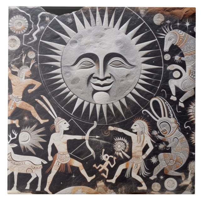 Southwest Petroglyph Design Animals Måne Dancing Kakelplatta (Framsidan)