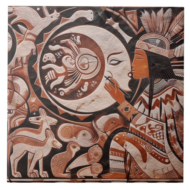 Southwest Petroglyph Design Animals Måne Dancing Kakelplatta (Framsidan)