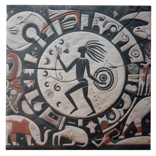Southwest Petroglyph Design Animals Måne Dancing Kakelplatta (Framsidan)