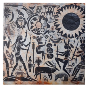 Southwest Petroglyph Design Animals Måne Dancing Kakelplatta